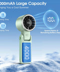 Mint Green Portable Handheld Turbo Fan That Delivers 12 Meters Per Second Wind, 15000 RPM Brushless Motor, 4000mAh