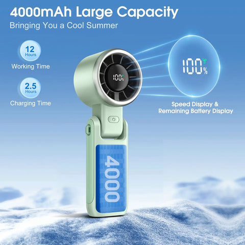 Mint Green Portable Handheld Turbo Fan That Delivers 12 Meters Per Second Wind, 15000 RPM Brushless Motor, 4000mAh