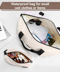 Waterproof duffle and toiletry bag from expandable luggage set with spinner wheels, ideal for wet clothes and travel essentials.