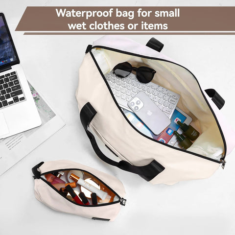 Waterproof duffle and toiletry bag from expandable luggage set with spinner wheels, ideal for wet clothes and travel essentials.