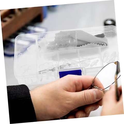 Glasses Repair Kit With Screws Nose Pads And Precision Screwdriver Tools For Quick Eyeglass Fixes At Home, hands holding frame
