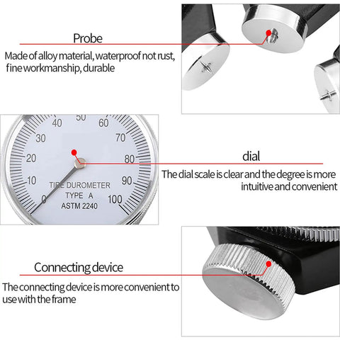 Shore Type A Durometer Hardness Tester Go-To Tool For Rubber Plastic Tire Leather And Wax Waterproof Alloy Shell With Easy Read A Scale Meter For Precise Measurements, close-up of dial, probe and alloy connector