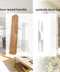 Sliding Patio Door Handle Replacement Set With Wood Interior Pull And White Zinc Diecast Pull And Chrome Plated Brackets Fits Three Point Nine Seven Five Inch Screw Hole Space Non Key Design White Brackets Cost Effective Upgrade For Worn Or Broken Patio, shown with wood and white handles in living room and patio setting.
