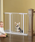 Extra Wide Baby Gate For Stairs And Doorways 27 To 43 Inches Auto Close Safety Gate with dog and baby, white, 30 inch tall