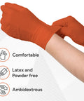 Built Tank Tough Heavy Duty 8 Mil Orange Nitrile Work Gloves Featuring A Diamond Textured Surface For Insane Grip And Maximum Puncture Protection In A Solid 50 Pack Perfect For Mechanics Who Want Real Deal Latex Free Gear Everyday being worn on hands.