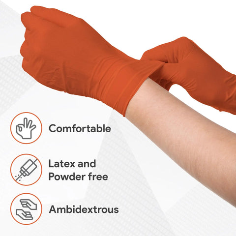 Built Tank Tough Heavy Duty 8 Mil Orange Nitrile Work Gloves Featuring A Diamond Textured Surface For Insane Grip And Maximum Puncture Protection In A Solid 50 Pack Perfect For Mechanics Who Want Real Deal Latex Free Gear Everyday being worn on hands.