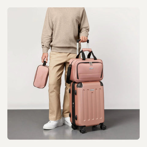 Amazon Basics 3-Piece Luggage Set rose gold: 22-inch hardside suitcase with 8-wheel, plus 15-inch tote and 10-inch bag.