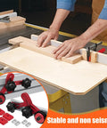 Heavy Duty Bearing Roller Featherboard Featuring An Angled Pulley Track To Stop Kickback Cold And Deliver Rock Solid Stability For Smoother Woodworking Feeding And Pro Level Precision, used on a table saw. Hands guiding wood.