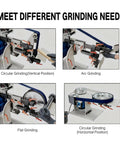 Badass 2X72 Belt Grinder With Vfd Variable Speed Control Paired With Three Zirconia Abrasive Belts 60 100 And 180 Grit demonstrating different grinding positions.