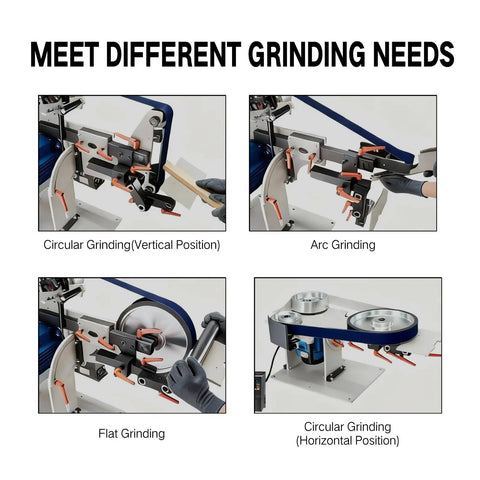 Badass 2X72 Belt Grinder With Vfd Variable Speed Control Paired With Three Zirconia Abrasive Belts 60 100 And 180 Grit demonstrating different grinding positions.