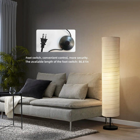 Modern Tall Floor Lamp With Dimmable Three-Level Brightness, Paper Lampshade, 55 Inch in living room with foot switch.