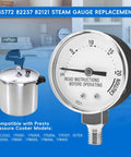 Front view of a stainless steel pressure cooker steam gauge replacement for Presto models, 0-20 psi