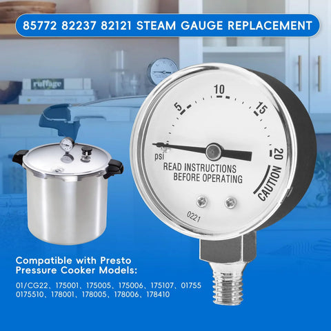 Front view of a stainless steel pressure cooker steam gauge replacement for Presto models, 0-20 psi