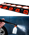 Extra Sturdy Carbon Steel Wall Storage Rack for Spray Bottles and Workshop Tools Built Like a Beast with Hella Room for Clutter and Easy Installation Anywhere in Your Space with orange holders.
