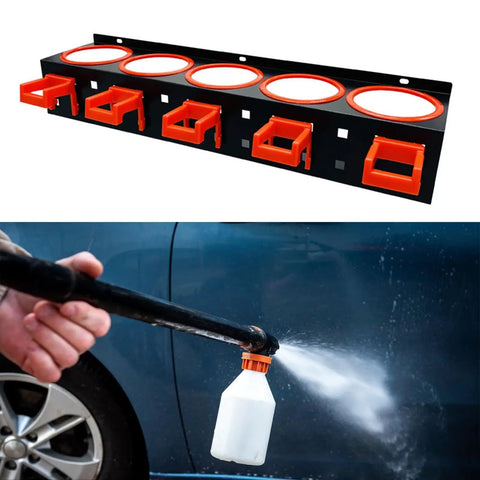 Extra Sturdy Carbon Steel Wall Storage Rack for Spray Bottles and Workshop Tools Built Like a Beast with Hella Room for Clutter and Easy Installation Anywhere in Your Space with orange holders.