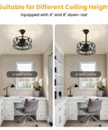 Industrial Caged Ceiling Fan With Light And Remote 18 Inch Black Fandelier displayed with 4 and 8 inch downrods in study area
