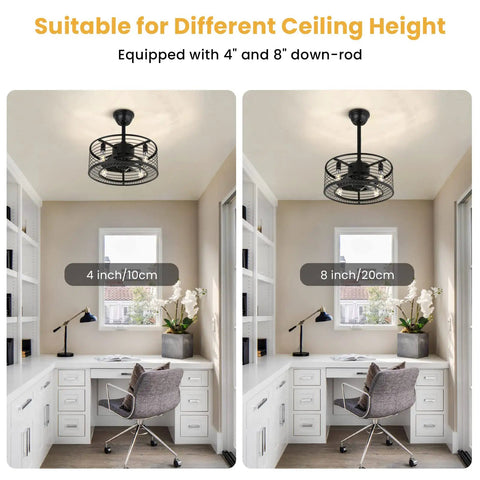 Industrial Caged Ceiling Fan With Light And Remote 18 Inch Black Fandelier displayed with 4 and 8 inch downrods in study area