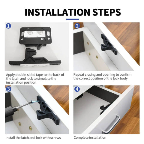 Installation steps for Locking Drawer Latches For RV Cabinet Doors, 4 Pack, 10 Lb Pull, Stainless Steel Screws, Double Sided Adhesive