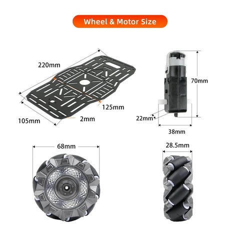 Omni Directional Mecanum Wheel Robot Chassis Kit With 4WD TT Motors Aluminum Alloy Double Layer Smart Car Platform Built For Arduino Raspberry Pi DIY STEM Projects And Tight Space Maneuvering For Makers showcasing dimensions of components.