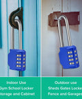 Five Inch Ultra Long Shackle Combination Padlock In Silver With A 3.2 Inch Shackle Durable Steel Lock With Side Window Secure Dial Combination Ideal For Luggage Lockers Gates And Storage 2 Pack shown indoors and outdoors