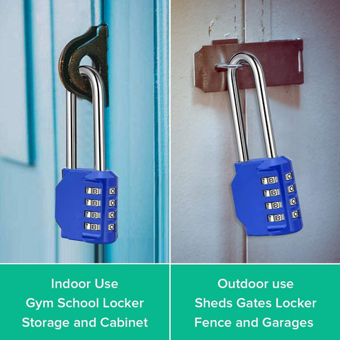 Five Inch Ultra Long Shackle Combination Padlock In Silver With A 3.2 Inch Shackle Durable Steel Lock With Side Window Secure Dial Combination Ideal For Luggage Lockers Gates And Storage 2 Pack shown indoors and outdoors