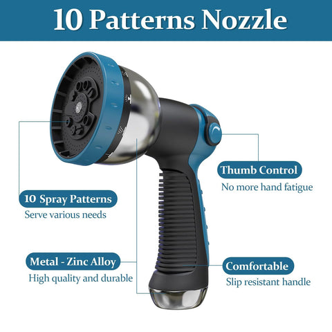 Garden hose nozzle in blue and black with thumb control, zinc-alloy body, 10 spray patterns