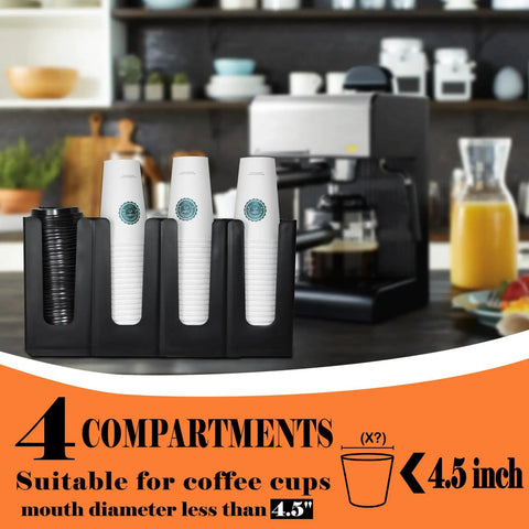 Two Pack Paper Cup And Lid Holder 4 Compartment Disposable Cup Dispenser on cafe countertop with coffee machine