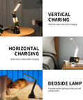 LED Desk Lamp With Wireless Charger 3 in 1 Fast Charging Station Touch Control Desk Lamp With Clock Alarm 3 Lighting Modes And Stepless Dimming For Home Office Eye Caring Black showing vertical and horizontal charging and bedside use.