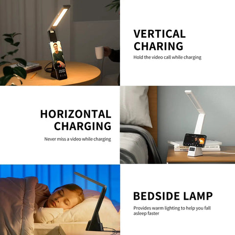 LED Desk Lamp With Wireless Charger 3 in 1 Fast Charging Station Touch Control Desk Lamp With Clock Alarm 3 Lighting Modes And Stepless Dimming For Home Office Eye Caring Black showing vertical and horizontal charging and bedside use.