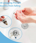 Heavy Duty Bathroom Sink Stopper With Solid Pop Up Drain Strainer and Smart Hair Catcher Design, shown in use with water.