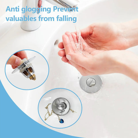 Heavy Duty Bathroom Sink Stopper With Solid Pop Up Drain Strainer and Smart Hair Catcher Design, shown in use with water.