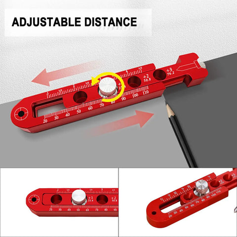 Adjustable Radius Woodworking Compass Scriber With Aluminum Alloy Arc Head Fixed Point Circle Ruler Pro Grade Precision Drawing Tool For Carpentry Cabinets And Fine Woodworking Projects showing adjustable distance feature in red
