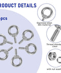 Six Pack 304 Stainless Steel M4 Eye Bolts With Matching Hex Nuts Top Shelf Heavy Duty Machine Fasteners for Rigging Towing and Garage Builds, 6 bolts with nuts.