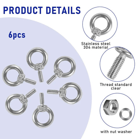 Six Pack 304 Stainless Steel M4 Eye Bolts With Matching Hex Nuts Top Shelf Heavy Duty Machine Fasteners for Rigging Towing and Garage Builds, 6 bolts with nuts.