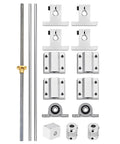 Components of the Sixteen Pack 550mm T8 Lead Screw Kit With 2 550mm Linear Motion Rods 4 Linear Slide Blocks And 4 SK8 Shaft Supports displayed