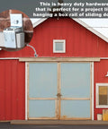 Red barn with close-up inset of 4 Pack Box Rail Hanger Brackets With Bolts For Exterior Barn Door Hardware Heavy Duty Single Wall Mount Rail Bracket Galvanized Steel Slide Track Trolley Use Easy Install Durable Support For Barn Doors installed on wall.