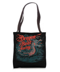 Black tote bag with red and teal dragon design, featuring text 'Dragon Boat Racing'. Boat Racing Crew Tote Bag For Dragon Boat Fans.