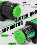 STEGODON 5500 12V ATV/UTV winch with green synthetic rope and black housing, front view.
