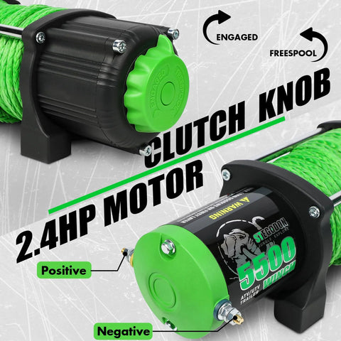 STEGODON 5500 12V ATV/UTV winch with green synthetic rope and black housing, front view.