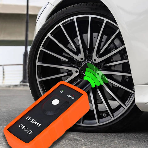 Universal TPMS Relearn Tool for Most Vehicles shown resetting tire pressure sensor with Quick OneTouch Relearn for GM vehicles.