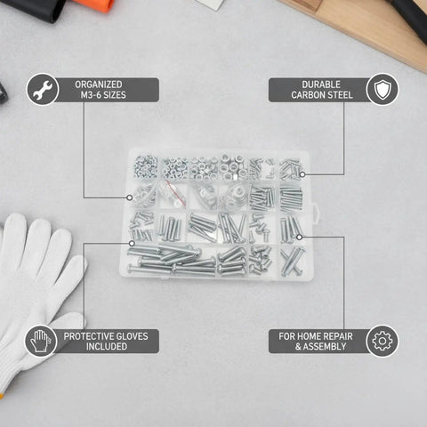 All In One Screw Nut And Washer Assortment Kit M3 To M6 Carbon Steel Hardware Set With Storage Box And Gloves flat lay