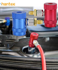 R1234yf quick coupler adapters by Gohantee, blue and red aluminum with 1/4 inch fittings for AC refrigerant hoses