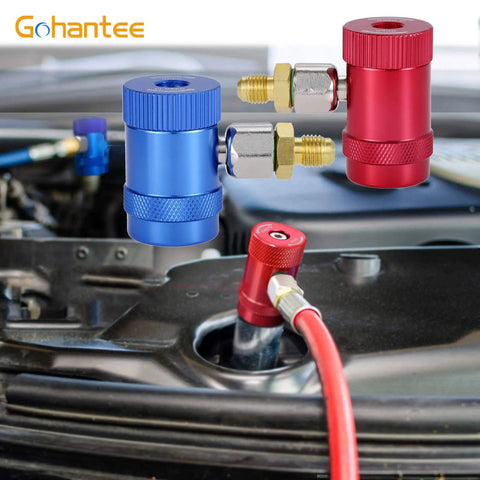 R1234yf quick coupler adapters by Gohantee, blue and red aluminum with 1/4 inch fittings for AC refrigerant hoses