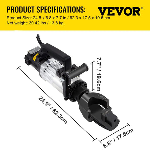 VEVOR Hydraulic Electric Rebar Bender 1.5 KW Handheld Bending Machine with dimensions 24.5 x 6.8 x 7.7 inches.