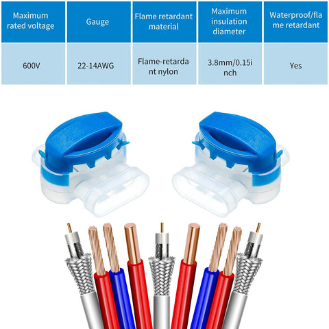 60 Piece 3 Way Wire Connectors Locks Self Stripping IDC Pigtail Connectors For 22-14 AWG Wires with blue plastic casing