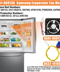 Open Samsung fridge showing food with Upgraded Refrigerator Evaporator Fan Motor DA81-06013A Replacement and sensor displayed beside.