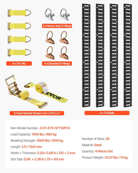 Five Foot E Track Tie Down Rail Kit With Four Rails, Two Single Slots, Six O Rings, Four Tie Offs With D Ring, And Two Ratchet Straps