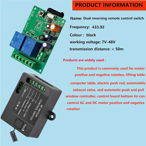Forward Reverse Remote Control Switch For DC Motors 7V To 48V 10A With 328 Ft Remote Range 433MHz Receiver and components