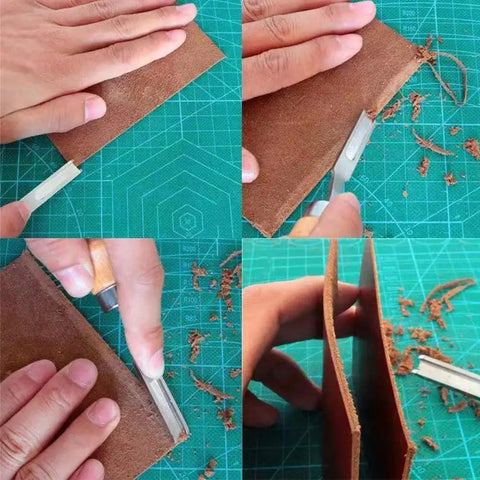 Leather Edge Skiving Beveler Tool Set For Leatherworking, demonstrating use on leather piece with trimming and beveling stages.