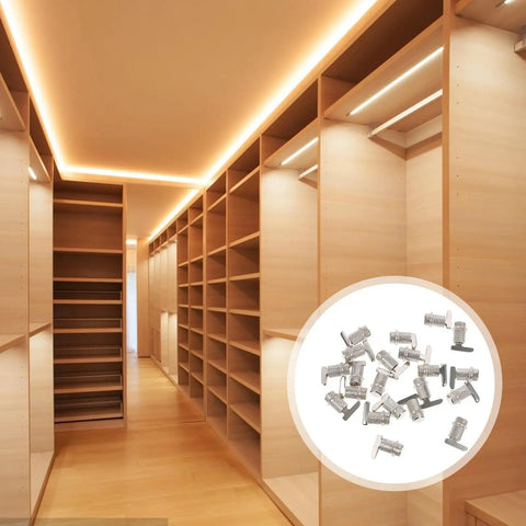 Silver Finish Cabinet Shelf Support Pegs 20 Pack For Cabinets, Bookcases, Closets, And Cupboards displayed in closet setting